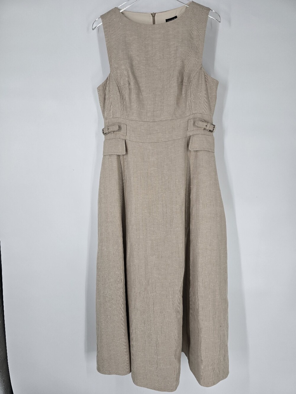 Karen Millen Linen Tab Waist Detail Full Skirt Tailored Midi Dress Tan Size 10